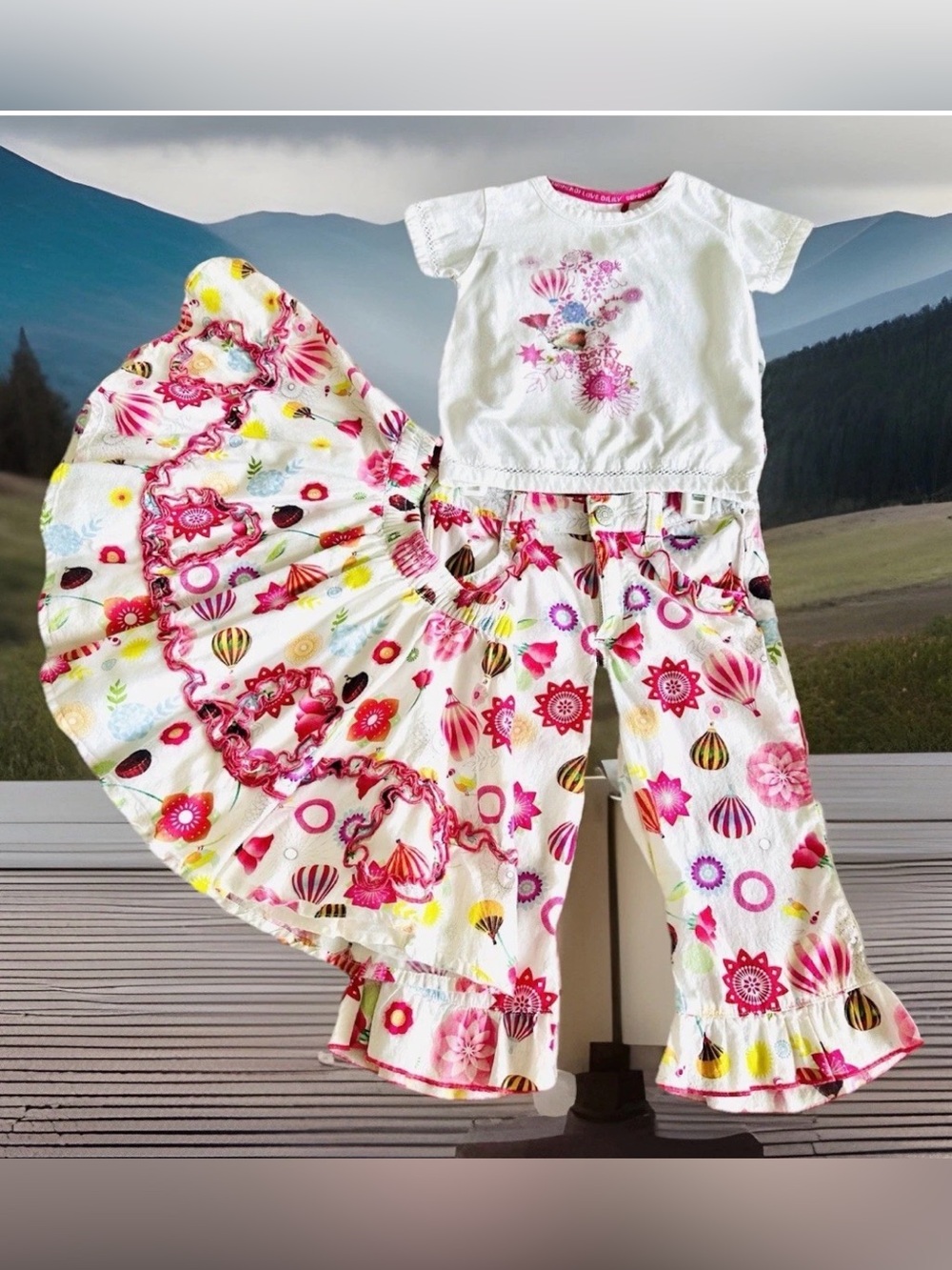 VINTAGE OILILY Girl 3pc Shirt Skirt Pants Set EU86 18-24M 2T Hot Air Balloon 🎈